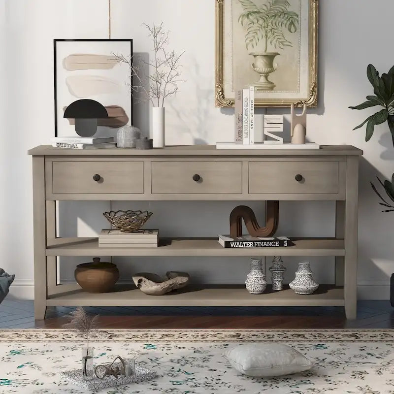 Sidetable met 3 Laden en 2 Open Planken, Grenenhouten Frame