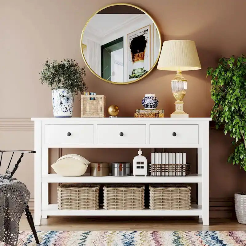Sidetable met 3 Laden en 2 Open Planken, Grenenhouten Frame