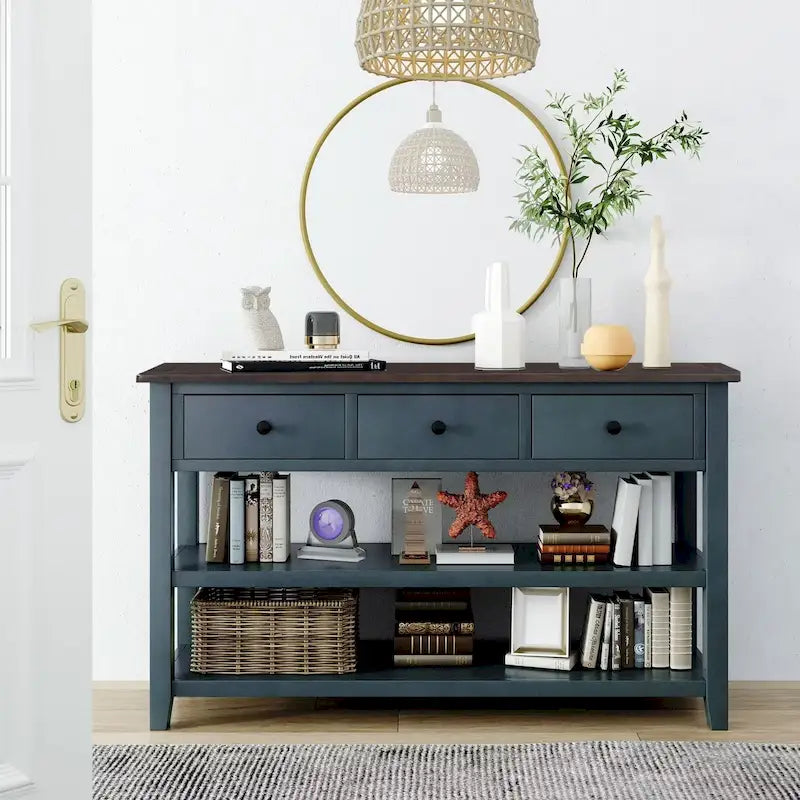 Sidetable met 3 Laden en 2 Open Planken, Grenenhouten Frame
