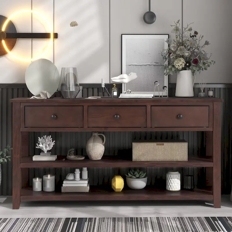 Sidetable met 3 Laden en 2 Open Planken, Grenenhouten Frame