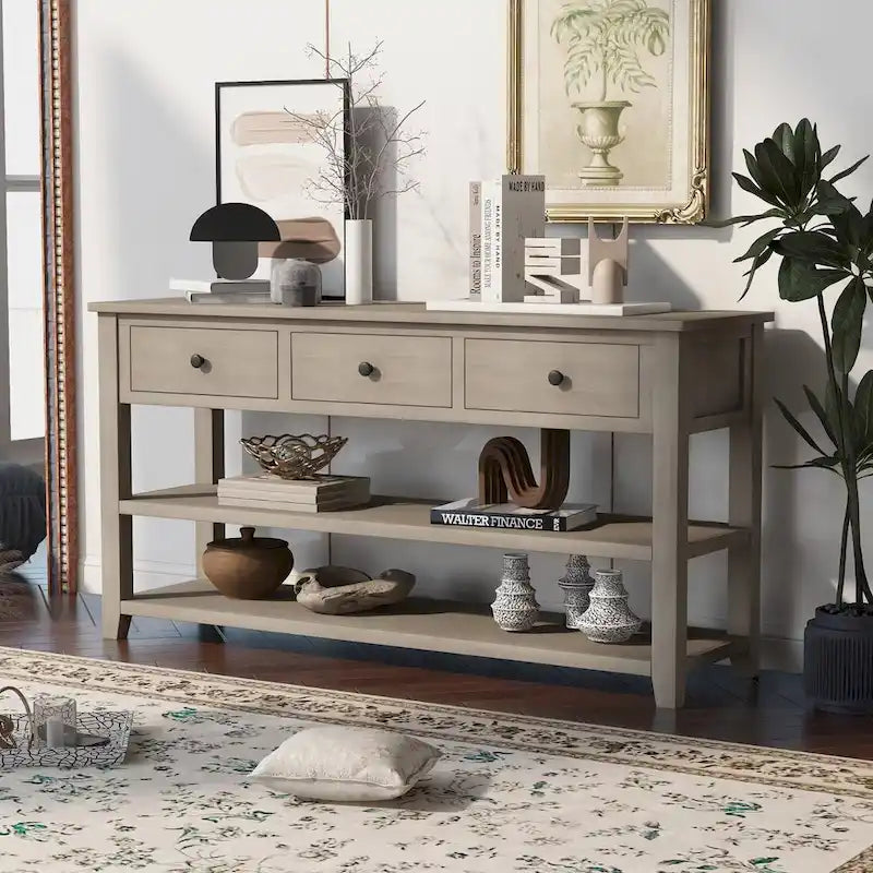 Sidetable met 3 Laden en 2 Open Planken, Grenenhouten Frame