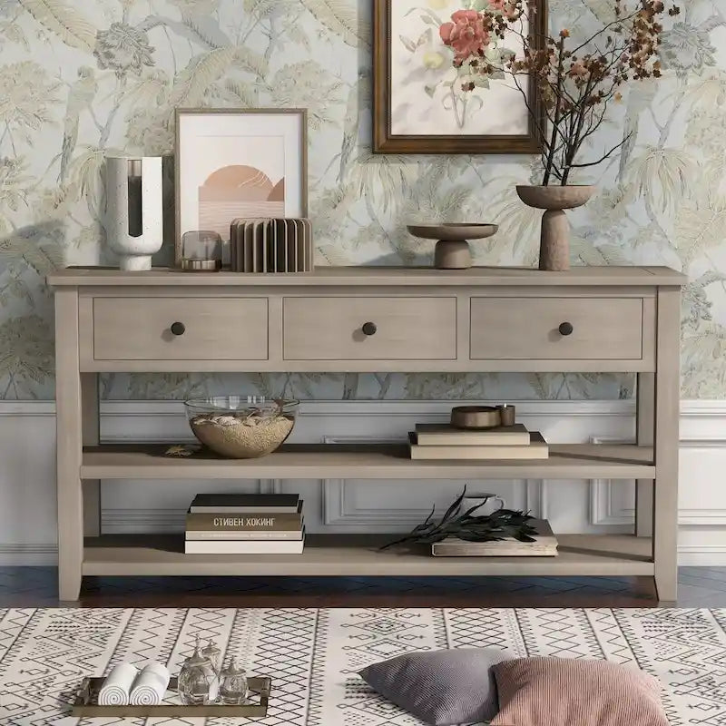 Sidetable met 3 Laden en 2 Open Planken, Grenenhouten Frame