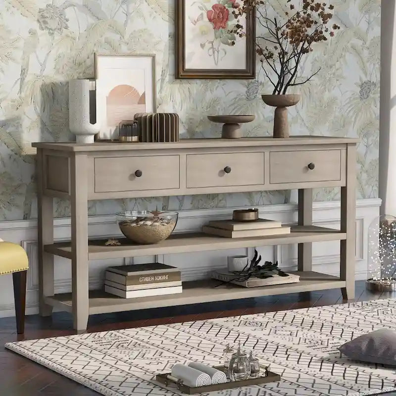 Sidetable met 3 Laden en 2 Open Planken, Grenenhouten Frame