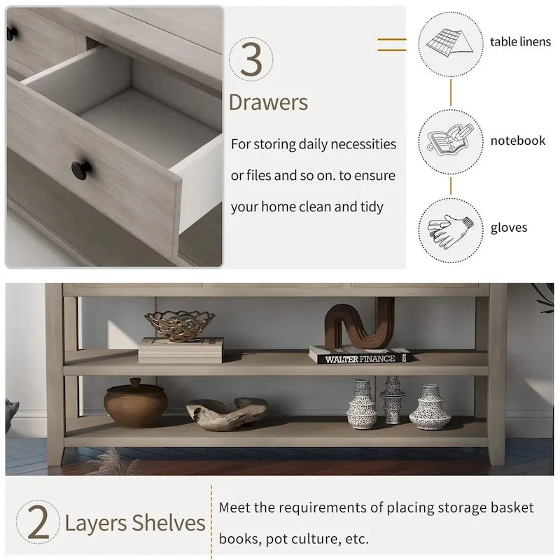 Sidetable met 3 Laden en 2 Open Planken, Grenenhouten Frame
