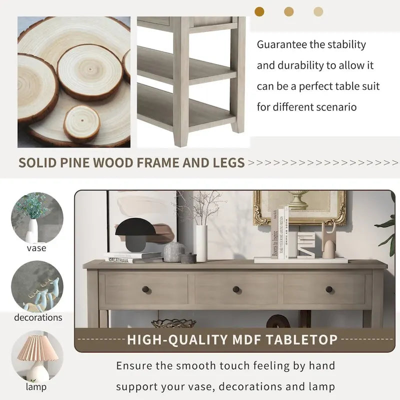 Sidetable met 3 Laden en 2 Open Planken, Grenenhouten Frame
