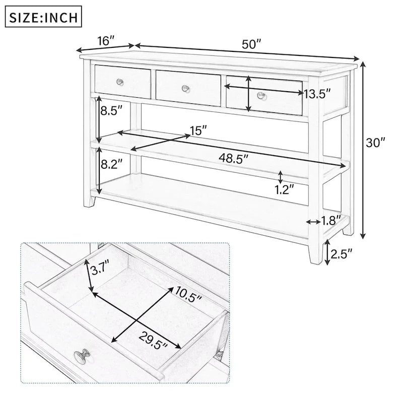 Sidetable met 3 Laden en 2 Open Planken, Grenenhouten Frame