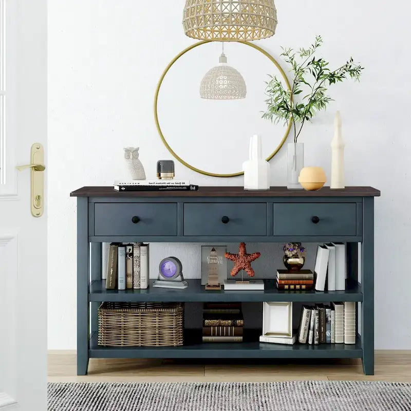Sidetable met 3 Laden en 2 Open Planken, Grenenhouten Frame