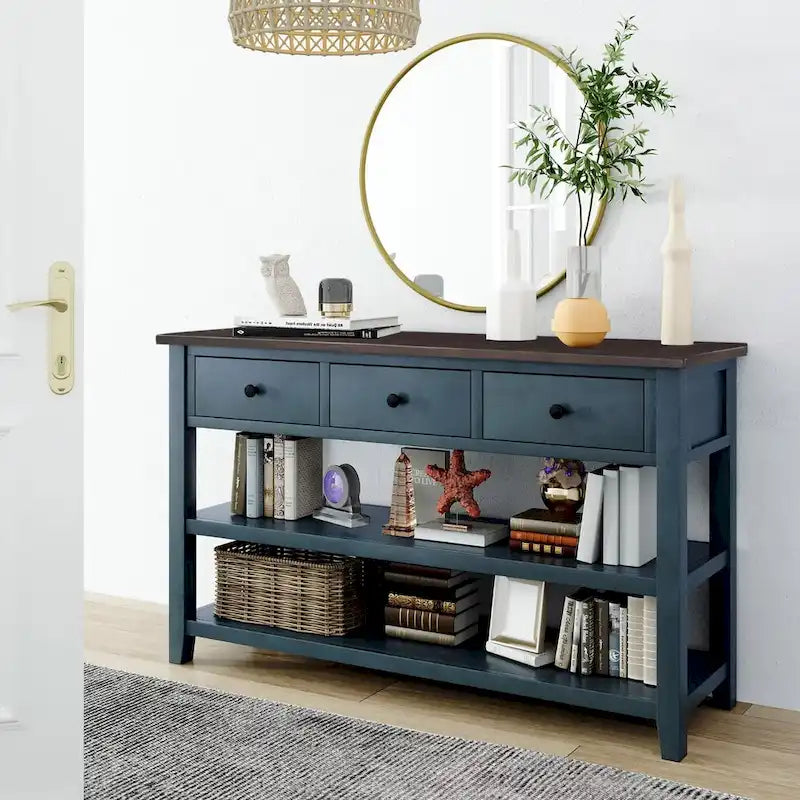 Sidetable met 3 Laden en 2 Open Planken, Grenenhouten Frame