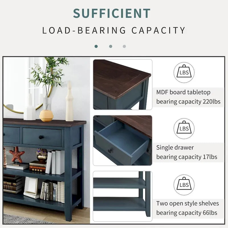 Sidetable met 3 Laden en 2 Open Planken, Grenenhouten Frame