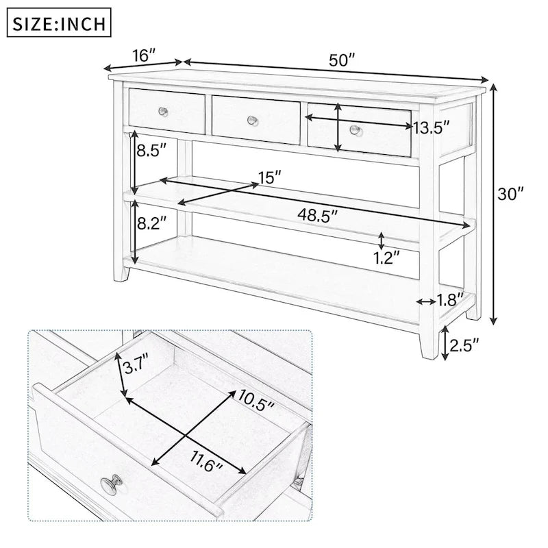 Sidetable met 3 Laden en 2 Open Planken, Grenenhouten Frame