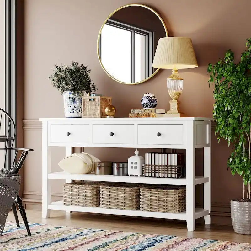 Sidetable met 3 Laden en 2 Open Planken, Grenenhouten Frame