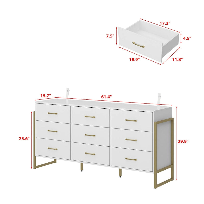 Ladekast met 9 lades en goudkleurige metalen handgrepen, 61,4B x 15,7D x 29,9H