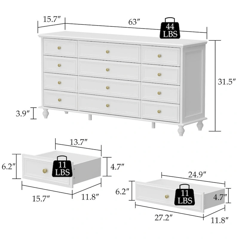12-Laden Commode met Witte Afwerking – 160 cm Brede Slaapkamerkast