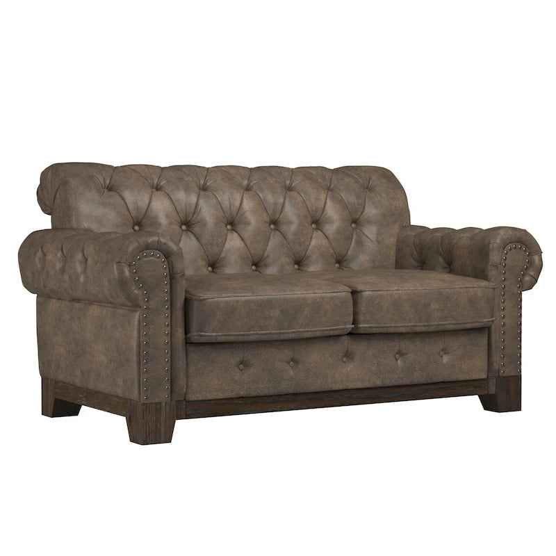 Gecapitonneerde Chesterfield loveseat met gerolde armleuningen en nagelkopaccenten