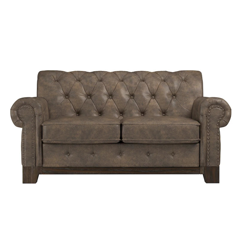 Gecapitonneerde Chesterfield loveseat met gerolde armleuningen en nagelkopaccenten