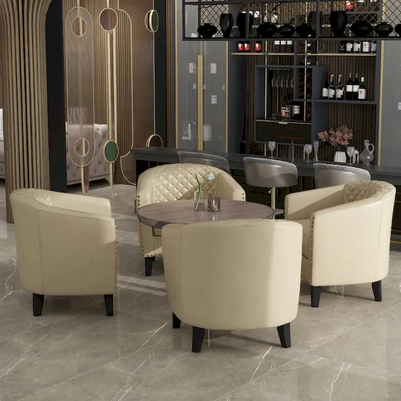 Fauteuil van kunstleer met tonvorm en houten poten (set van 4)