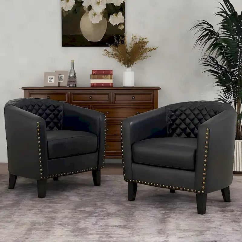Fauteuil van kunstleer met tonvorm en houten poten (set van 4)