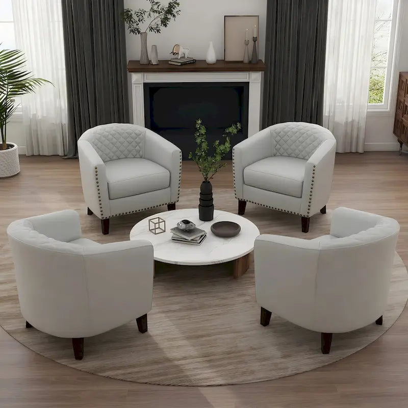 Fauteuil van kunstleer met tonvorm en houten poten (set van 4)
