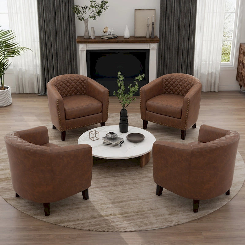 Fauteuil van kunstleer met tonvorm en houten poten (set van 4)