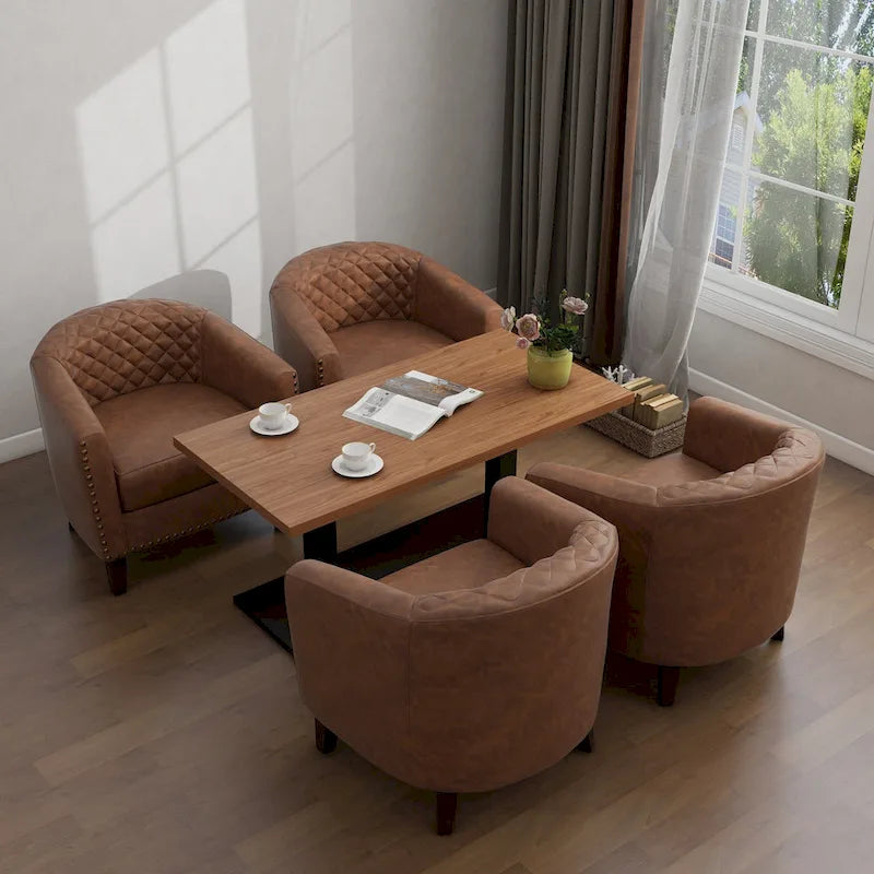 Fauteuil van kunstleer met tonvorm en houten poten (set van 4)
