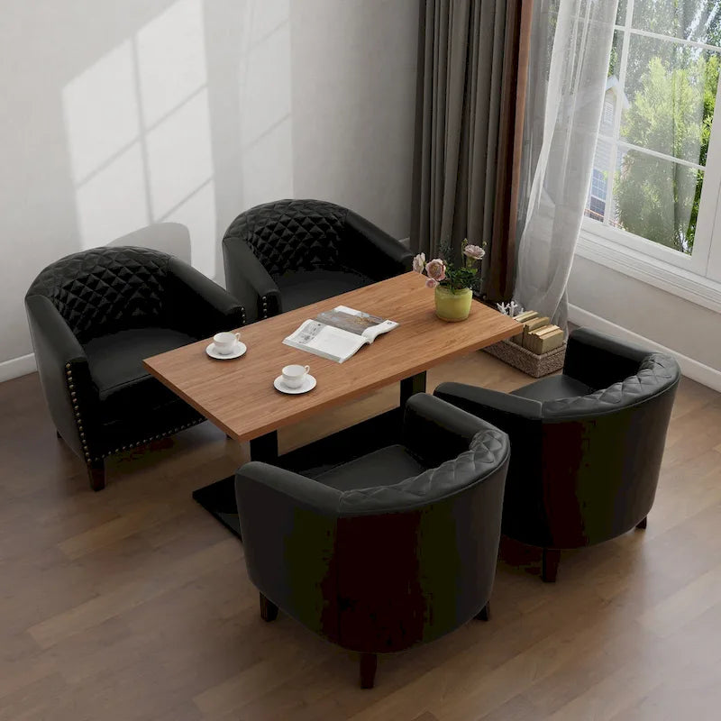 Fauteuil van kunstleer met tonvorm en houten poten (set van 4)