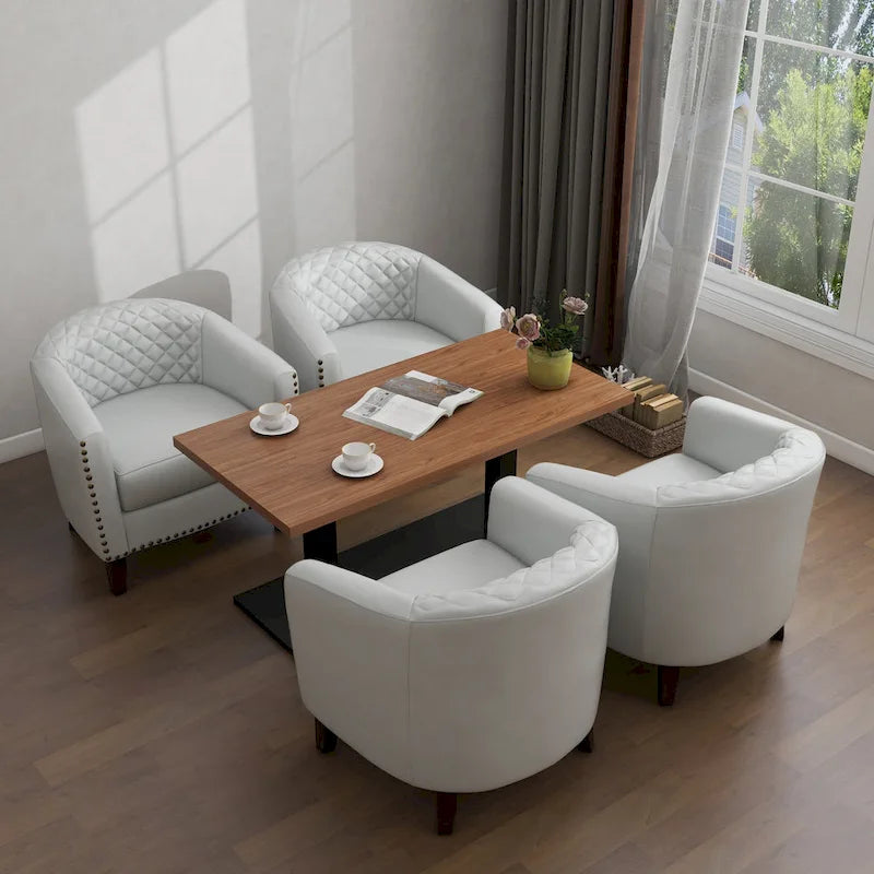 Fauteuil van kunstleer met tonvorm en houten poten (set van 4)