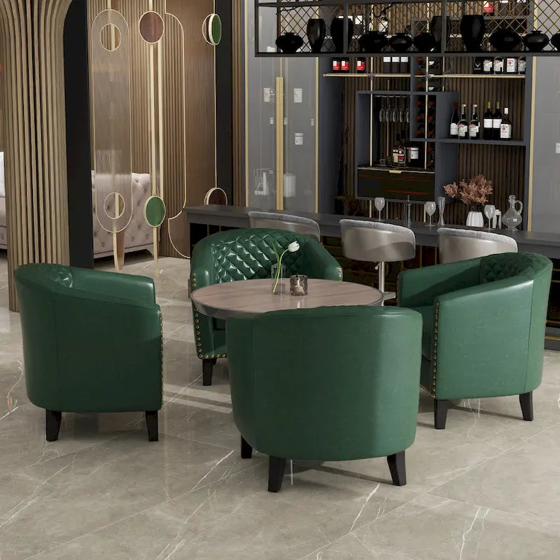 Fauteuil van kunstleer met tonvorm en houten poten (set van 4)