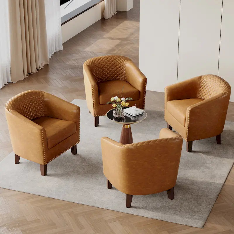 Fauteuil van kunstleer met tonvorm en houten poten (set van 4)