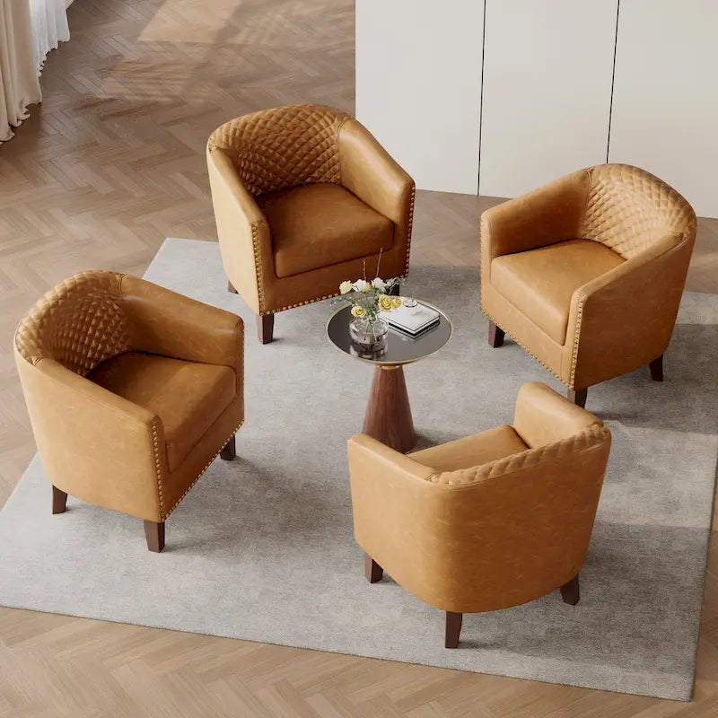 Fauteuil van kunstleer met tonvorm en houten poten (set van 4)