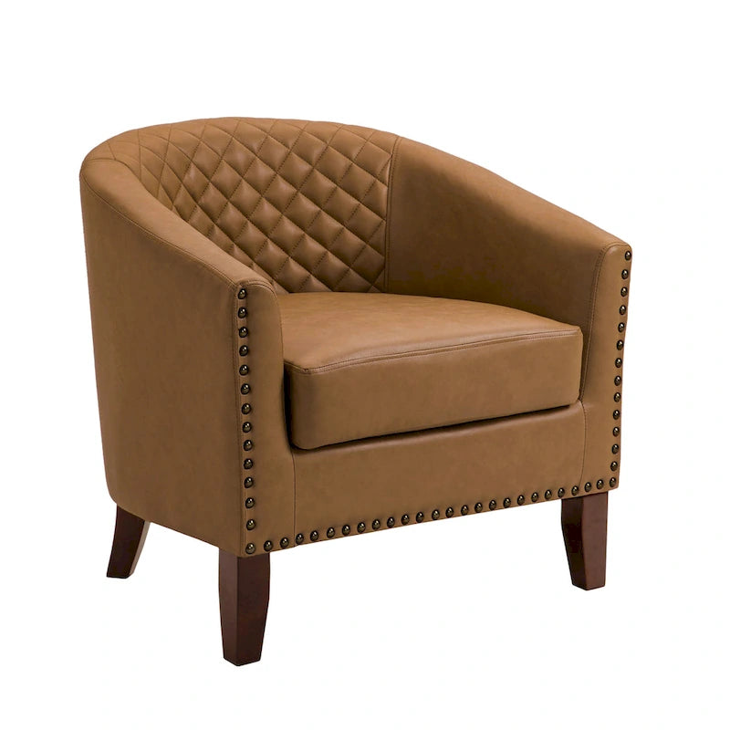 Fauteuil van kunstleer met tonvorm en houten poten (set van 4)