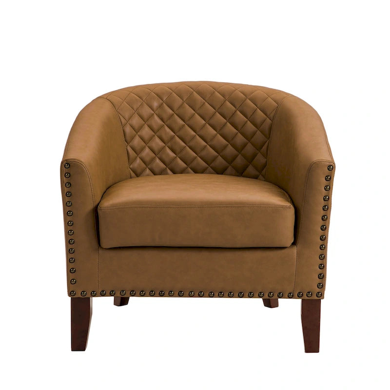 Fauteuil van kunstleer met tonvorm en houten poten (set van 4)