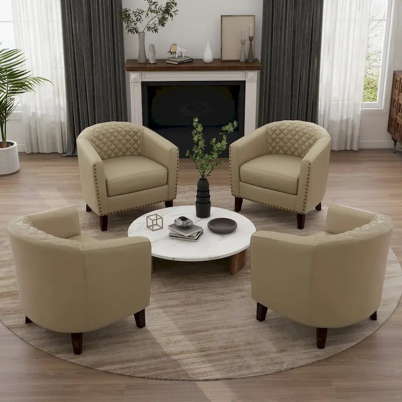 Fauteuil van kunstleer met tonvorm en houten poten (set van 4)