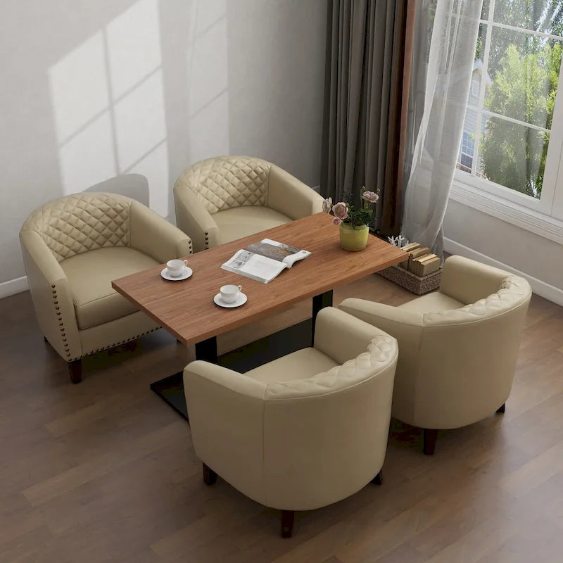 Fauteuil van kunstleer met tonvorm en houten poten (set van 4)