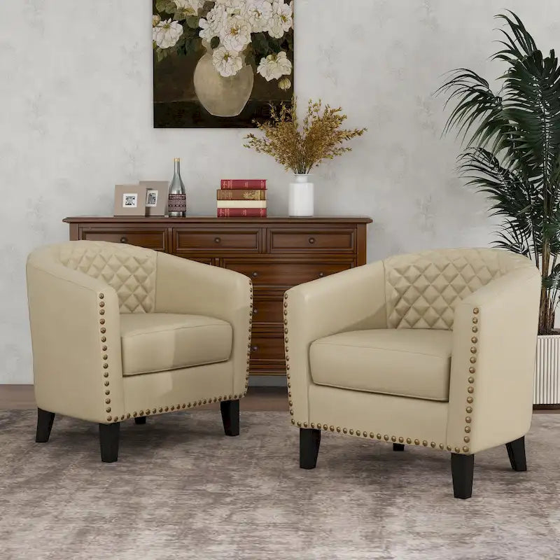 Fauteuil van kunstleer met tonvorm en houten poten (set van 4)