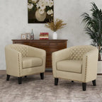 Fauteuil van kunstleer met tonvorm en houten poten (set van 4)