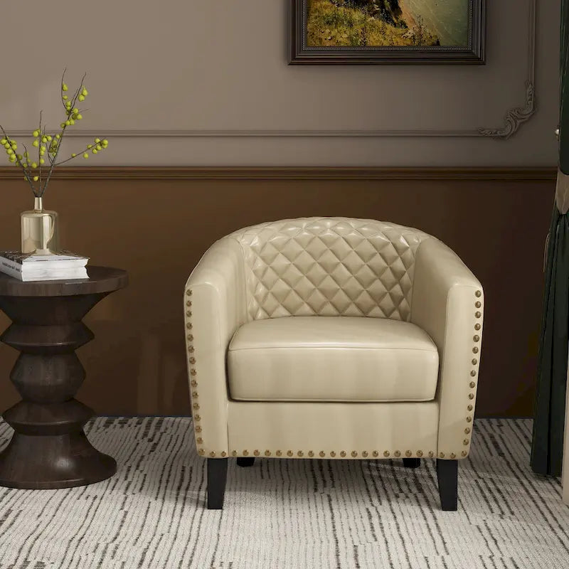 Fauteuil van kunstleer met tonvorm en houten poten (set van 4)