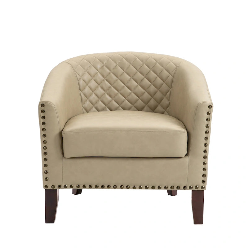 Fauteuil van kunstleer met tonvorm en houten poten (set van 4)