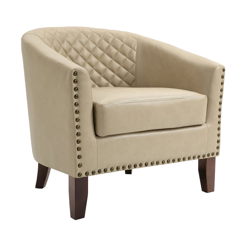 Fauteuil van kunstleer met tonvorm en houten poten (set van 4)