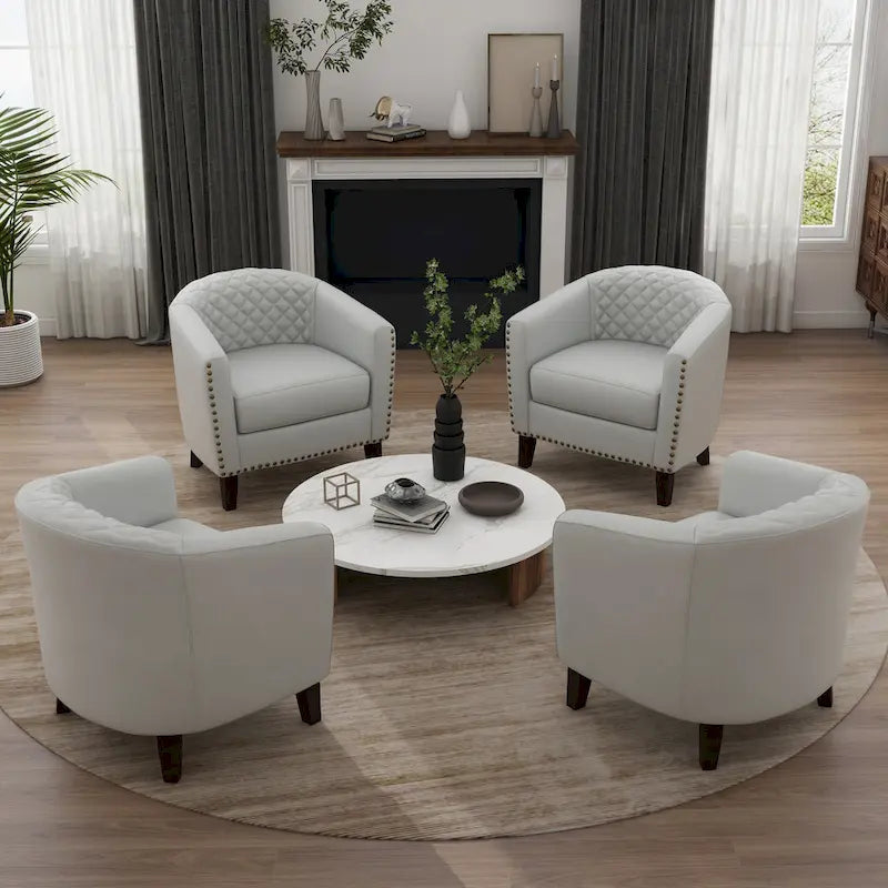 Fauteuil van kunstleer met tonvorm en houten poten (set van 4)