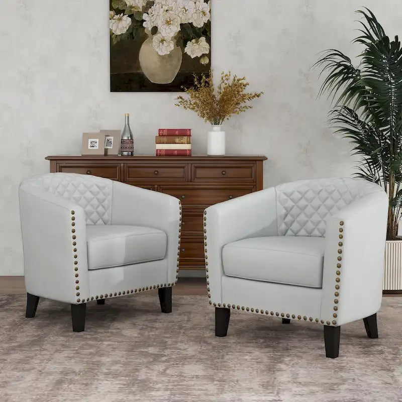 Fauteuil van kunstleer met tonvorm en houten poten (set van 4)
