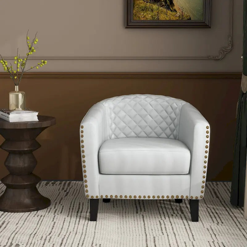 Fauteuil van kunstleer met tonvorm en houten poten (set van 4)