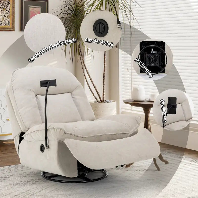 Verstelbare Draaibare Chenille Recliner met Telefoonhouder