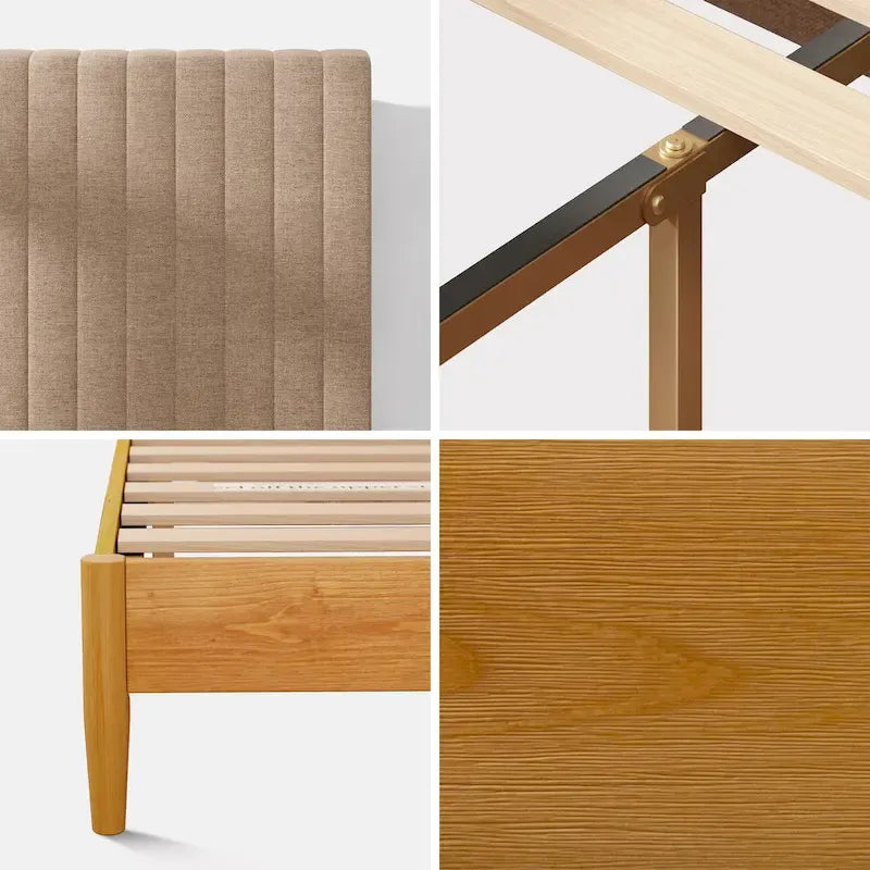 Houten platformbedframe met gestoffeerd hoofdeinde