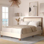Stoffen tweepersoonsbedframe met spijkervrije hoofdeinde, notenhout afwerking