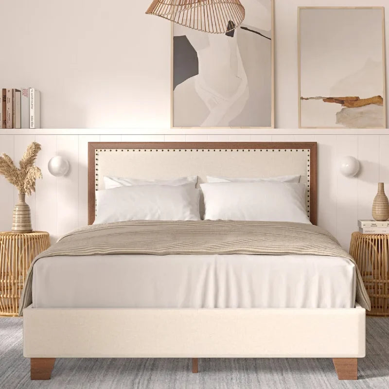 Stoffen tweepersoonsbedframe met spijkervrije hoofdeinde, notenhout afwerking