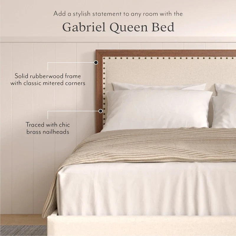Stoffen tweepersoonsbedframe met spijkervrije hoofdeinde, notenhout afwerking