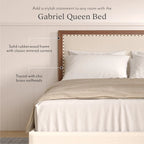 Stoffen tweepersoonsbedframe met spijkervrije hoofdeinde, notenhout afwerking
