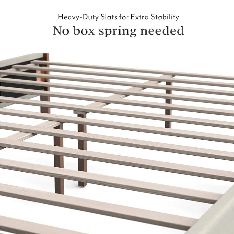Stoffen tweepersoonsbedframe met spijkervrije hoofdeinde, notenhout afwerking