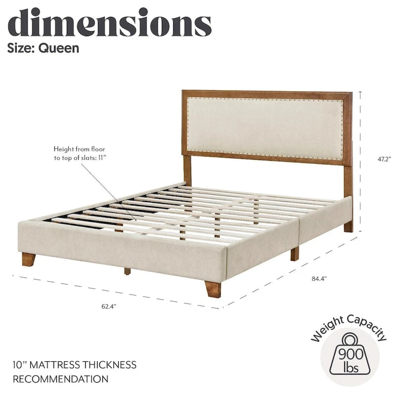 Stoffen tweepersoonsbedframe met spijkervrije hoofdeinde, notenhout afwerking