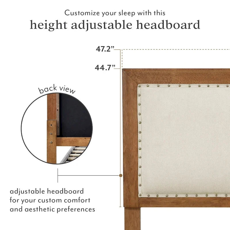 Stoffen tweepersoonsbedframe met spijkervrije hoofdeinde, notenhout afwerking